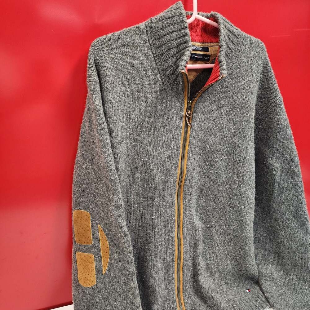 Tommy Hilfiger Gray Full Zip Wool Blend Sweater Jacket with Elbow Patches